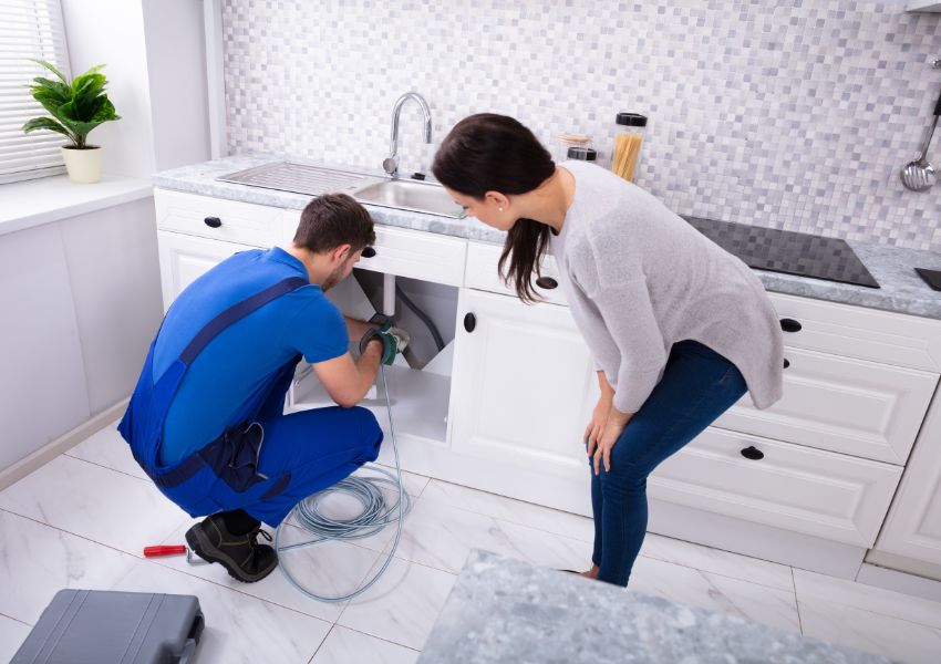 A landlord with blue overalls works to unclog a tenants kitchen pipes as they stand overhead.